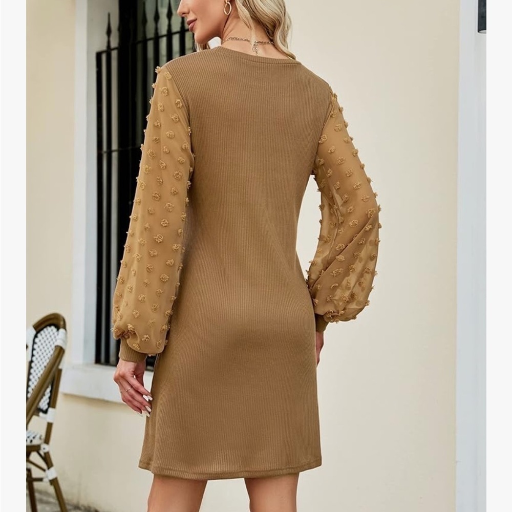 NWT Ribbed Tie Waist Sheer Polka Dot Sleeve Dress Caramel Brown Sz S - Picture 2 of 10